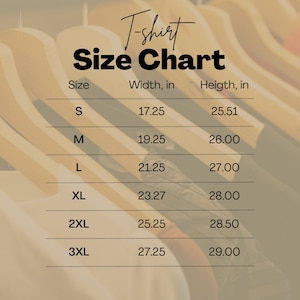 Op de afbeelding: T-shirt maattabel met metingen in inches. De tabel toont de breedte en hoogte van t-shirts in de maten S, M, L, XL, 2XL en 3XL.