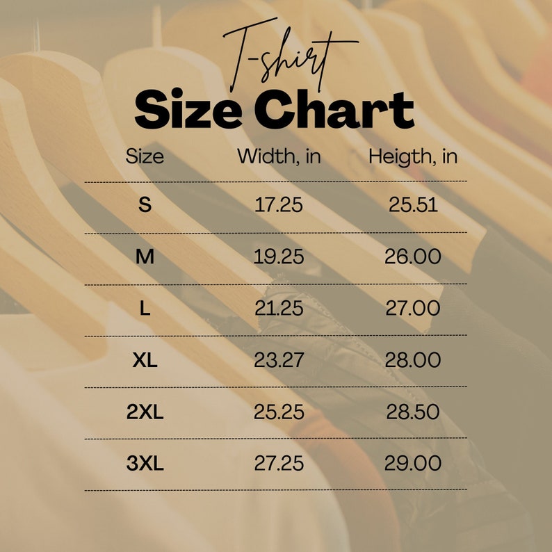 Op de afbeelding: T-shirt maattabel met metingen in inches. De tabel toont de breedte en hoogte van t-shirts in de maten S, M, L, XL, 2XL en 3XL.