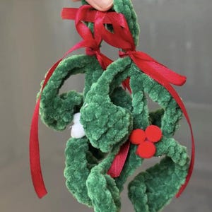 Könnte beinhalten: Ein grüner und roter Häkel-Mistelzweig mit roten Schleifen.