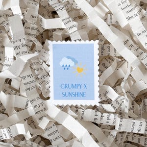 May include: A blue and yellow stamp with a white border. The stamp features a cartoon illustration of a cloud with raindrops and a sun with a heart. The text "GRUMPY X SUNSHINE" is printed in black below the illustration.