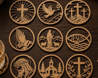 Christian Coaster SVG Bundle | Religious Laser Cut Files for Glowforge | Cross & Jesus Wooden Coaster DXF | Faith LightBurn Files