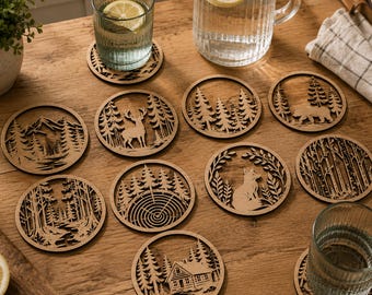 9 Forest CoasterS SVG Bundle | Nature Laser Cut Files for Glowforge | Woodland Wooden Coaster DXF | Rustic Cabin LightBurn Files