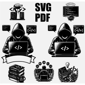 May include: Black and white digital illustration featuring a hooded figure working on a laptop with code symbols. The image includes the text "SVG PDF" and other coding-related graphics, such as books, a coffee mug, and a computer screen.