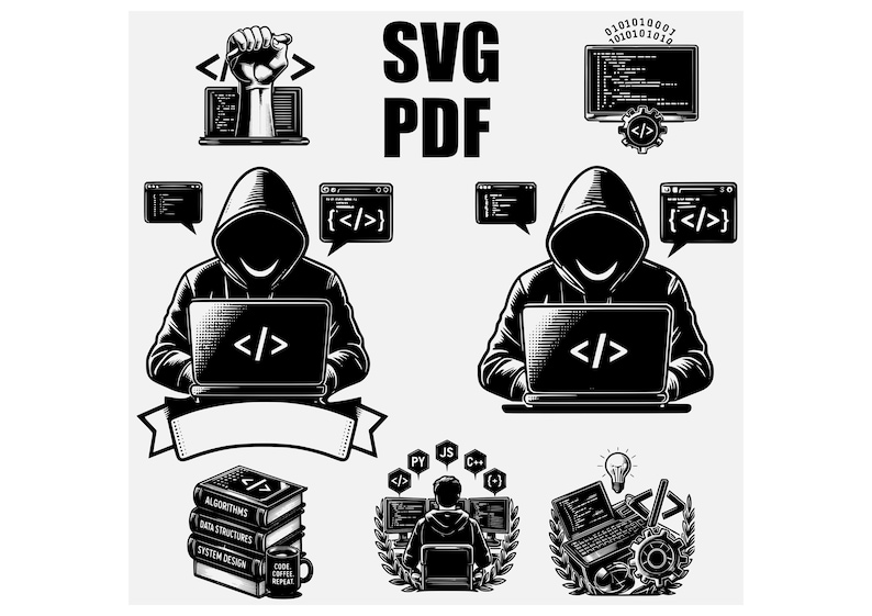 Puede incluir: Ilustraci&oacute;n digital en blanco y negro que muestra una figura encapuchada trabajando en un port&aacute;til con s&iacute;mbolos de c&oacute;digo. La imagen incluye el texto "SVG PDF" y otros gr&aacute;ficos relacionados con la codificaci&oacute;n, como libros y una pantalla de ordenador.