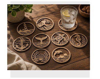 Sea Themed Laser Cut Coaster SVG Bundle | Nautical Wooden Coaster Templates | Lighthouse Turtle Dolphin Anchor Wave Files | DXF LightBurn