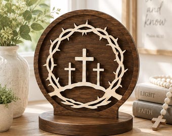 Multi Layer Three Crosses Crown of Thorns Laser Cut Sculpture – Christian Religious Decor – SVG DXF LightBurn – Candle Holder