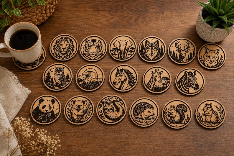 May include: A collection of seventeen circular wooden coasters, each featuring a distinct laser-engraved animal illustration. The set includes depictions of a lion, tiger, elephant, wolf, deer, fox, owl, eagle, horse, giraffe, zebra, panda, koala, sloth, hedgehog, squirrel, and chipmunk.