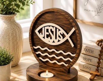 Multi Layer Jesus Fish Christian Laser Cut Sculpture – Ichthys SVG DXF LightBurn – Candle Holder