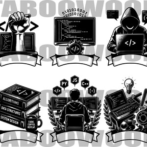 Puede incluir: Gr&aacute;fico en blanco y negro con seis ilustraciones sobre codificaci&oacute;n e inform&aacute;tica. Incluye una mano con un s&iacute;mbolo de codificaci&oacute;n, una pantalla de ordenador con c&oacute;digo, una figura encapuchada con un port&aacute;til, libros, una taza de caf&eacute; y una persona frente a un ordenador.