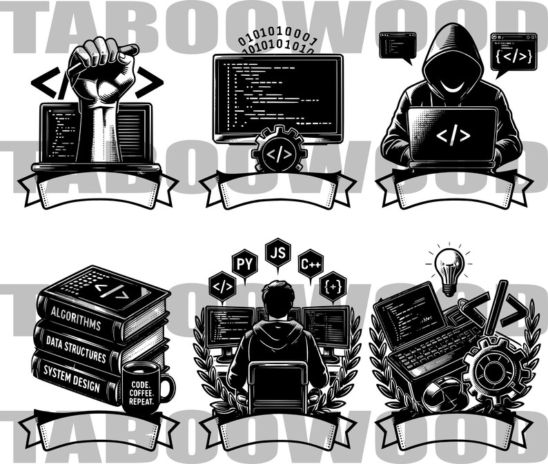 Puede incluir: Gr&aacute;fico en blanco y negro con seis ilustraciones sobre codificaci&oacute;n e inform&aacute;tica. Incluye una mano con un s&iacute;mbolo de codificaci&oacute;n, una pantalla de ordenador con c&oacute;digo, una figura encapuchada con un port&aacute;til, libros, una taza de caf&eacute; y una persona frente a un ordenador.