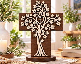 Multi Layer Tree of Life Cross Laser Cut Sculpture – Christian Religious Decor – Tree SVG DXF LightBurn Files – 3mm 4mm