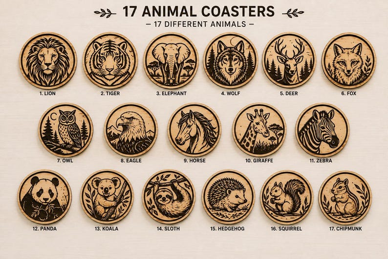 May include: A set of 17 circular wooden coasters featuring engraved animal illustrations. The text 17 ANIMAL COASTERS and 17 DIFFERENT ANIMALS appears at the top. Each coaster is numbered and labeled with the animal name, including lion, tiger, elephant, wolf, deer, fox, owl, eagle, horse, giraffe, zebra, panda, koala, sloth, hedgehog, squirrel, and chipmunk.