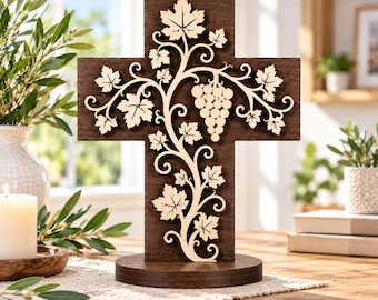 Multi Layer Grape Vine Cross Laser Cut Sculpture – Christian Religious Decor – SVG DXF LightBurn Files – 3mm 4mm