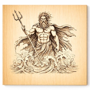 May include: A wood panel featuring a detailed pen and ink illustration of a muscular figure, possibly Poseidon, holding a trident and emerging from the sea. The artwork is in shades of brown and beige.