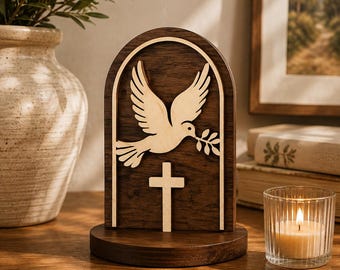 Multi Layer Dove & Cross Laser Cut Sculpture – Christian Religious Decor – SVG DXF LightBurn – Candle Holder