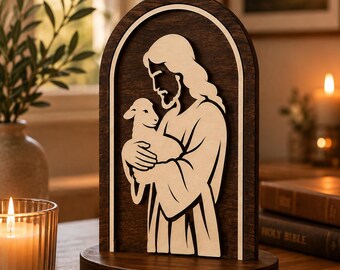 Multi Layer Jesus Carrying Lamb Laser Cut Sculpture – Christian Religious Decor – SVG DXF LightBurn – Candle Holder