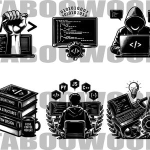 Puede incluir: Ilustraciones gr&aacute;ficas en blanco y negro relacionadas con la codificaci&oacute;n y la programaci&oacute;n. Las im&aacute;genes incluyen un pu&ntilde;o con s&iacute;mbolos de c&oacute;digo, una pantalla de computadora con c&oacute;digo, un programador y una computadora port&aacute;til con una bombilla.
