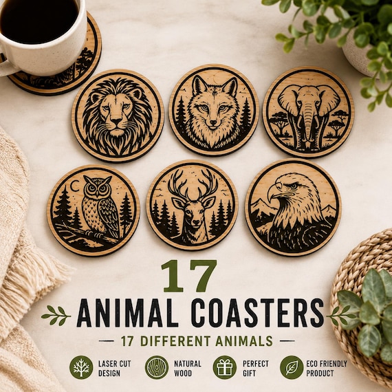 17 Animal Coaster SVG Bundle | Laser Cut Coaster Files | Wildlife Coaster DXF | LightBurn Files | Wood Engraving SVG | cnc Glowforge