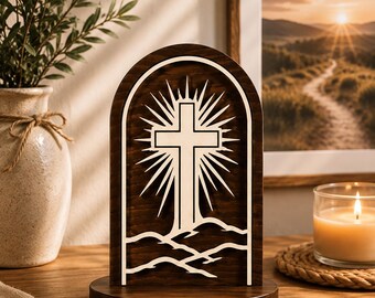 Multi Layer Christian Cross Laser Cut Sculpture – Religious Decor – Cross SVG DXF LightBurn Files – Candle Holder Design