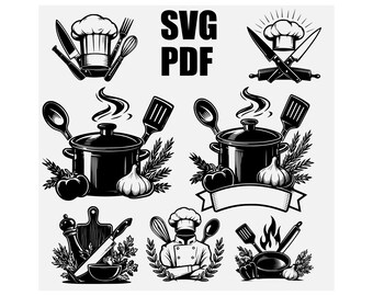 Paquete de archivos SVG para chefs, conjunto de logotipos de cocina, diseños de insignias de cocina, imágenes prediseñadas de chefs en PDF, iconos de restaurantes, cocina, archivos de corte para Cricut, uso comercial.