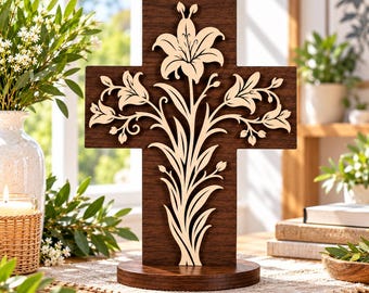 Multi Layer Lily Flower Cross Laser Cut Sculpture – Christian Floral Religious Decor – SVG DXF LightBurn – 3mm 4mm