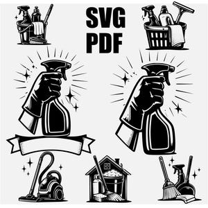 Puede incluir: Ilustración en blanco y negro con artículos de limpieza. Incluye pulverizadores, cubos, una aspiradora y una escoba. El texto "SVG PDF" está presente. Ideal para servicios de limpieza o negocios relacionados.