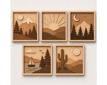 Paquete de archivos SVG de paisajes naturales multicapa / Archivos de corte láser multicapa / Montaña, desierto, bosque, atardecer / Plantilla CNC Glowforge xTool Cricut