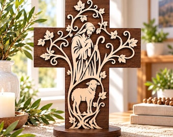 Multi Layer Jesus Good Shepherd Cross Laser Cut Sculpture – Christian Religious Decor – SVG DXF LightBurn – 3mm 4mm