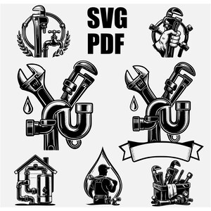 Op de afbeelding: Zwart-wit illustraties van loodgietersgereedschap en armaturen. De afbeelding bevat sleutels, pijpen, een waterdruppel en een loodgieter silhouet. Tekst in de afbeelding luidt "SVG PDF". De ontwerpen zijn geschikt voor een loodgietersbedrijf of doe-het-zelf projecten.