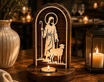 Multi Layer Shepherd & Lamb Laser Cut Sculpture – Christian Religious Decor – SVG DXF LightBurn – Candle Holder