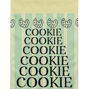 May include: A rectangular garden flag with a light green and yellow striped background. The flag features the word "COOKIE" repeated multiple times in black, along with cookie illustrations at the top.