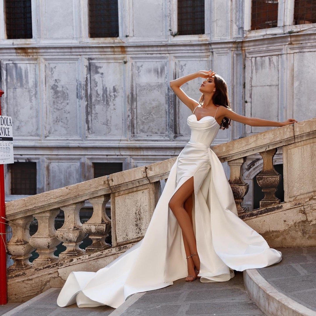 Simple Long White Mermaid Satin Wedding Dress With Long Sleeves main image 1