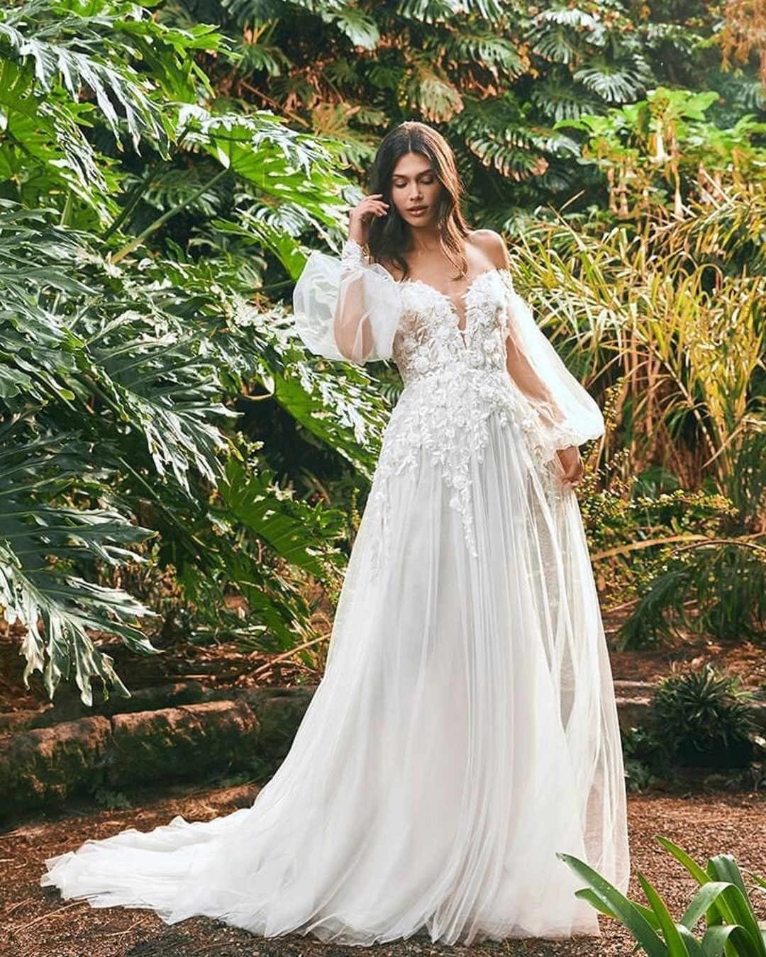 Long Sleeve a Line Wedding Dress off Shoulder a Line Wedding Etsy