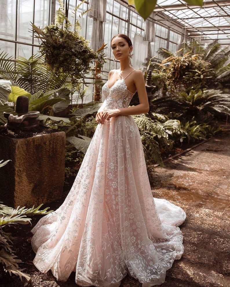 Blush Champagne Mermaid Wedding Dresses Flower Lace Dreamy Bridal Gown –  TANYA BRIDAL