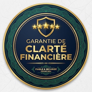 May include: A circular badge with a dark blue center and a gold border. It features a gold shield icon with five stars above the text GARANTIE DE CLARTÉ FINANCIÈRE. Below this, the text reads FIABLE & SÉCURISÉ DEPUIS 2024 in a decorative frame.