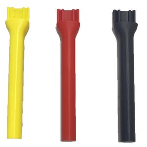 May include: Three plastic tools, one yellow, one red, and one black. The tools are all the same shape and size, with a rounded top and a long, thin handle.
