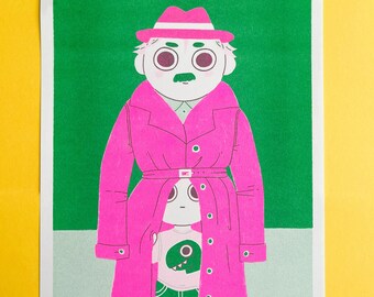 Kids in a trench coat A4 risograph print