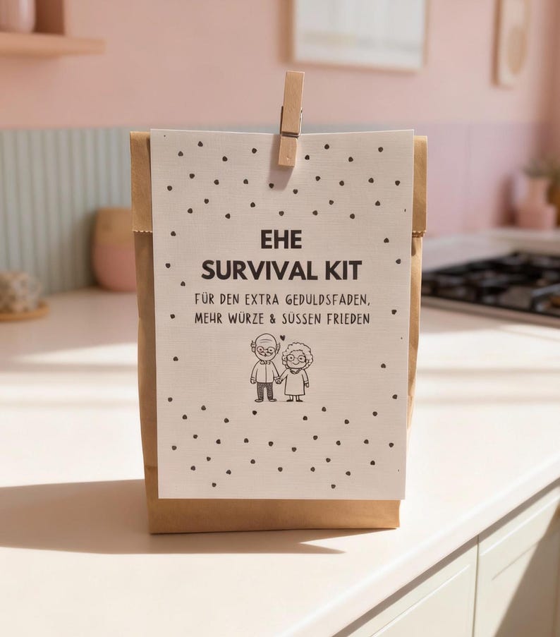 May include: A brown paper bag with a white card attached by a wooden clip. The card reads "EHE SURVIVAL KIT" with text below and a cartoon couple illustration. Black polka dots are scattered across the card.
