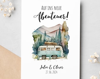 Karte zur Hochzeit, Camping, Bulli, Outdoor, personalisiert mit Namen und Datum, DIN A6, Vanlife, Wohnwagen
