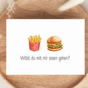 Karte Gutschein essen gehen, fast food, Burger, Zeit statt Zeug, A6 Karte, Willst du mit mir essen gehen?