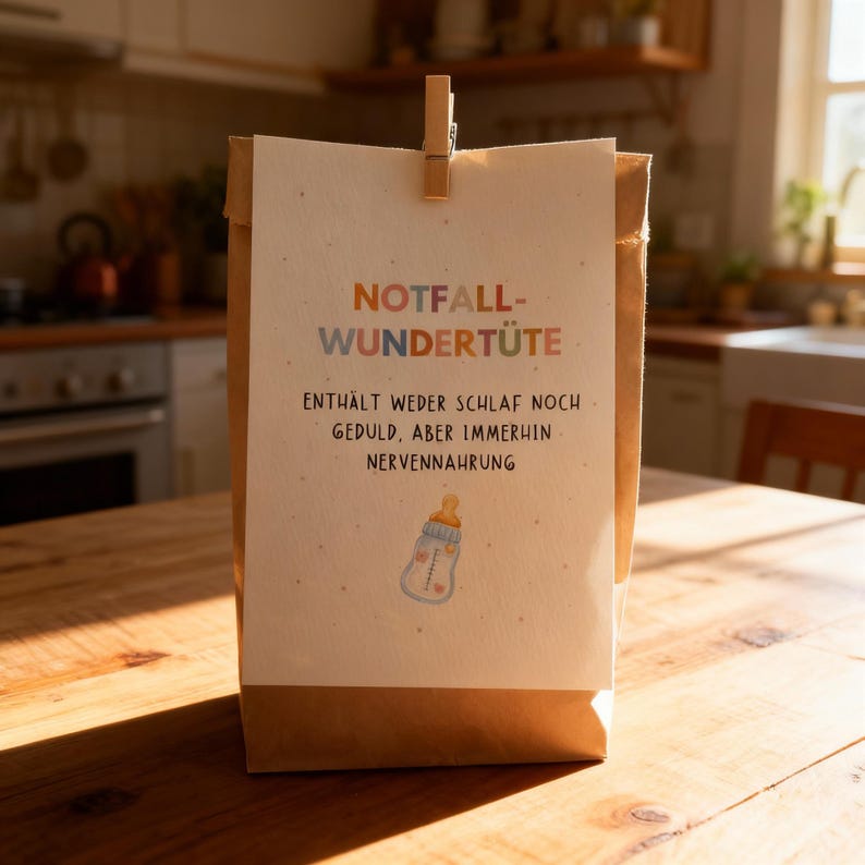 May include: A brown paper bag with a cream-colored card attached by a wooden clip. The card has the words "NOTFALL-WUNDER-T&Uuml;TE" in orange and blue, with German text below and a baby bottle illustration.