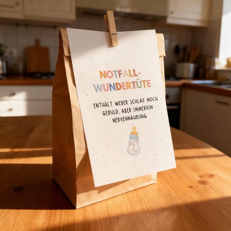 May include: A brown paper bag with a white card clipped to it. The card has text in multiple colors and a baby bottle illustration. The text reads "NOTFALL-WUNDER-T&Uuml;TE" and other German text. The bag is on a wooden surface.
