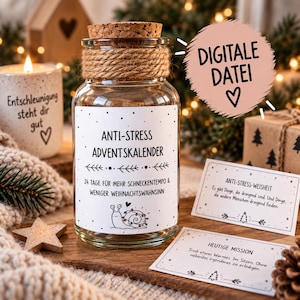 Peut inclure: Un bocal en verre transparent avec un bouchon en liège entouré de ficelle, portant une étiquette blanche avec le texte Anti-Stress Adventskalender, 24 Tage für mehr Schneckentempo & weniger Weihnachtswahnsinn, un escargot et deux cartes.
