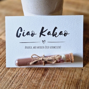 Geschenk zum Abschied für Kollegen, Ciao Kakao, Trinkschokolade, personalisiert mit Namen, lustiges Abschiedsgeschenk, Karte zum Abschied