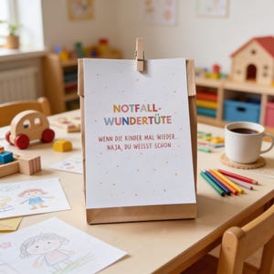 K&ouml;nnte beinhalten: Eine braune Papiert&uuml;te mit einer wei&szlig;en Karte, die daran befestigt ist. Die Karte hat farbigen Text mit der Aufschrift "NOTFALL-WUNDER TUTE" und weiteren Text darunter. Die T&uuml;te steht auf einem hellbraunen Tisch mit einer Tasse Kaffee und Buntstiften.