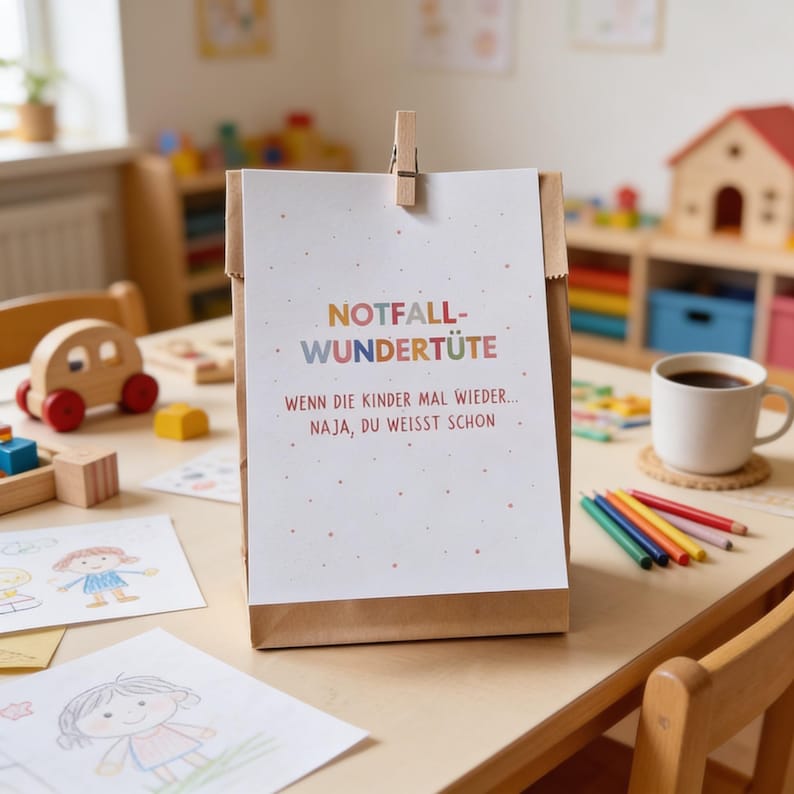K&ouml;nnte beinhalten: Eine braune Papiert&uuml;te mit einer wei&szlig;en Karte, die daran befestigt ist. Die Karte hat farbigen Text mit der Aufschrift "NOTFALL-WUNDER TUTE" und weiteren Text darunter. Die T&uuml;te steht auf einem hellbraunen Tisch mit einer Tasse Kaffee und Buntstiften.