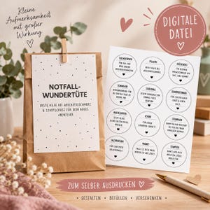 Könnte beinhalten: Eine braune Papiertüte mit einer per Holzklammer befestigten weißen Karte mit der Aufschrift NOTFALL-WUNDERTÜTE sowie ein weißer Bogen mit zwölf runden Aufklebern mit deutschem Text und kleinen Herzsymbolen für ein DIY-Geschenkset zum Jobwechsel.