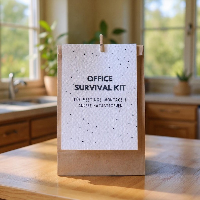 May include: A brown paper bag with a white card clipped to it. The card reads "OFFICE SURVIVAL KIT" with additional text below. The background shows a kitchen with a window and plants.