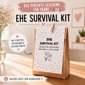 Könnte beinhalten: Eine braune Papiertüte mit der Aufschrift "EHE SURVIVAL KIT" und Illustrationen. Die Tüte wird mit einer Holzklammer verschlossen. Zusätzlicher Text beinhaltet "Digitale Datei zum Ausdrucken".