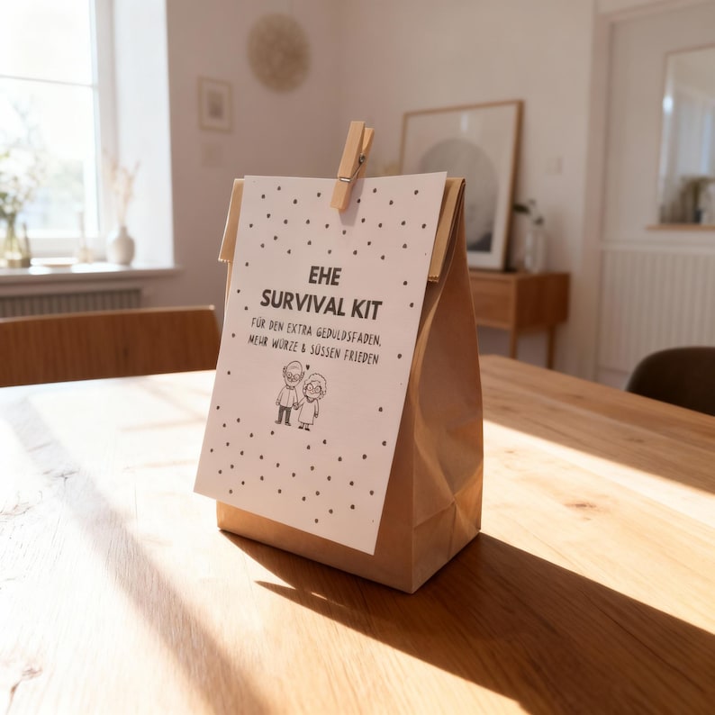 May include: A brown paper bag with a white card attached by a wooden clothespin. The card reads "EHE SURVIVAL KIT" with additional text and a small illustration of an elderly couple. The bag sits on a wooden table.